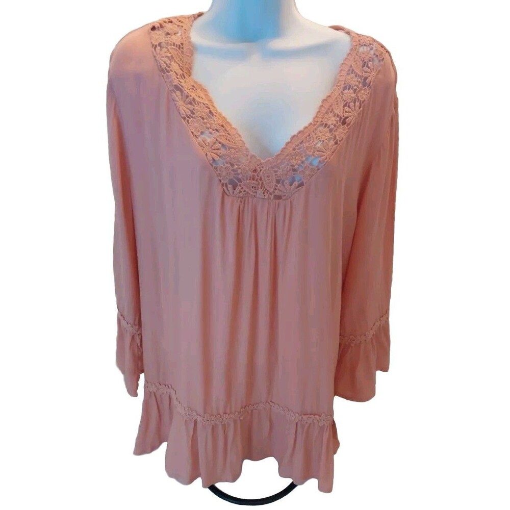 NEW Eyeshadow Rose Lace With Ruffled Sleeves Tunic 1X Oversize Flowy lightweight